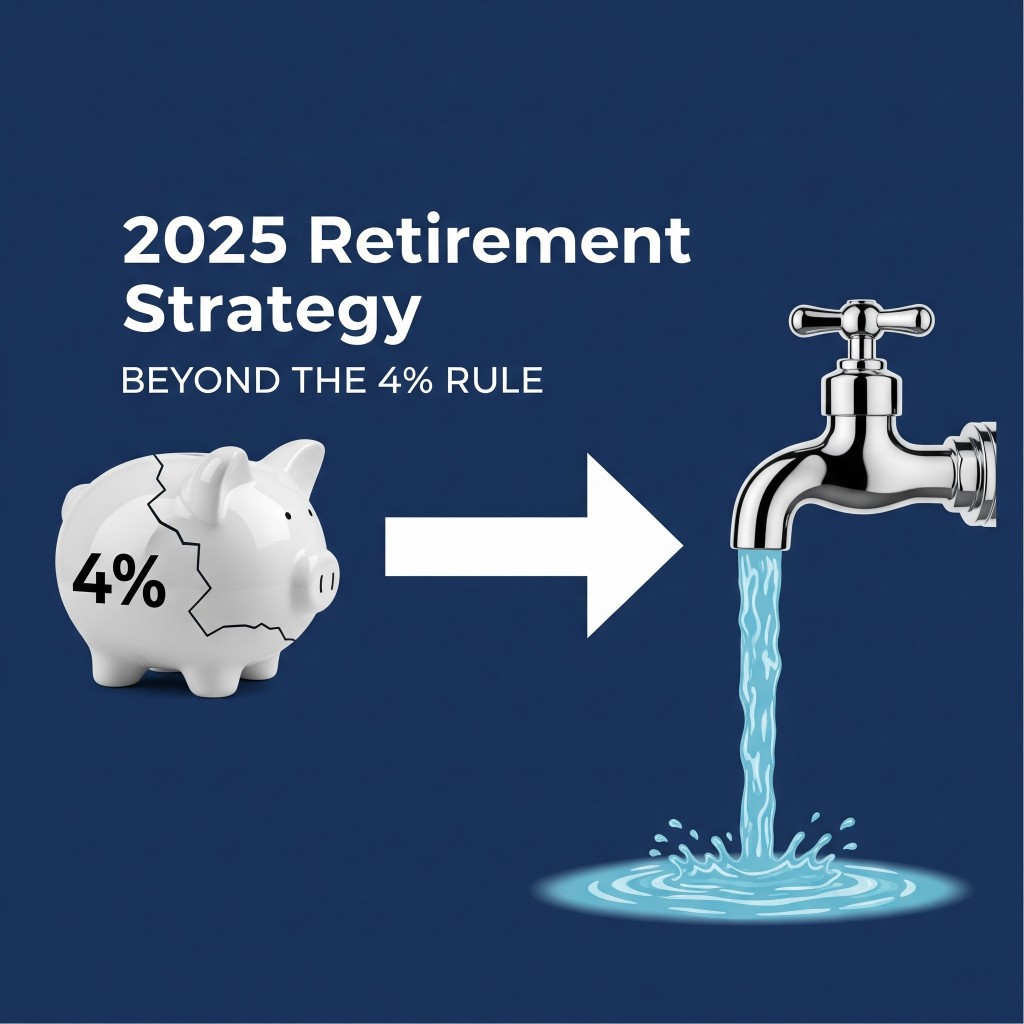 An infographic on a navy blue background illustrating a retirement strategy. On the left, a cracked piggy bank labeled "4%" represents an old method. A large arrow points to the right towards an overflowing water tap, symbolizing a stable income. The text reads: "2025 Retirement Strategy: Beyond the 4% Rule."