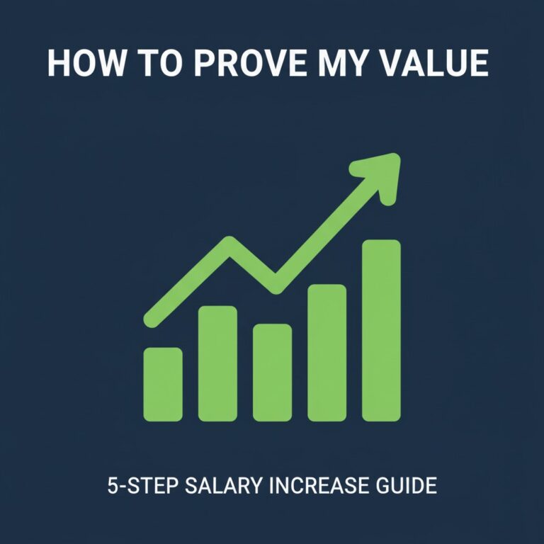 A blog thumbnail with a dark navy blue background. In the center is a bright green icon of an upward-trending bar chart. The text at the top reads, "HOW TO PROVE MY VALUE". The text at the bottom reads, "5-STEP SALARY INCREASE GUIDE".