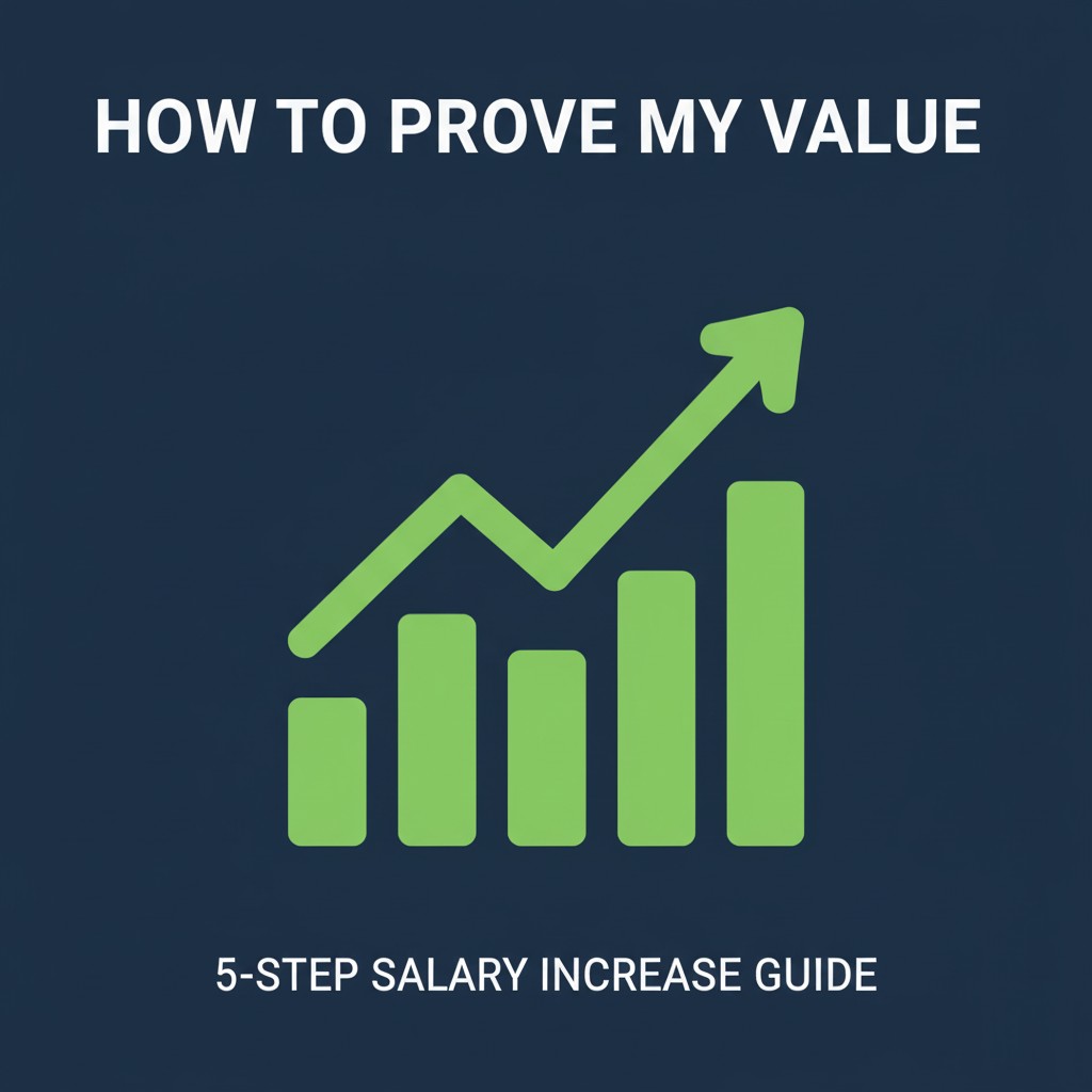 A blog thumbnail with a dark navy blue background. In the center is a bright green icon of an upward-trending bar chart. The text at the top reads, "HOW TO PROVE MY VALUE". The text at the bottom reads, "5-STEP SALARY INCREASE GUIDE".