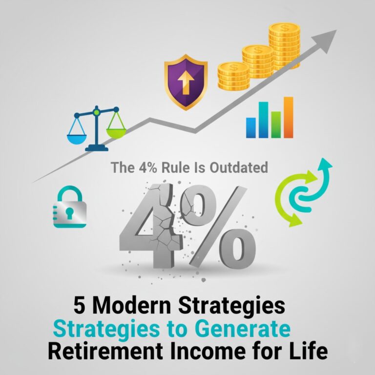 A graphic contrasting a cracked '4%' icon, representing an outdated rule, with five colorful, modern icons symbolizing new retirement income strategies. These icons include a shield for protection, buckets for the bucket strategy, and a diversified chart, all suggesting a move toward more secure and flexible financial planning for retirement.