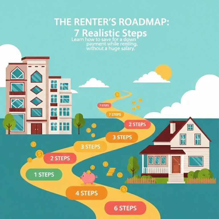 An infographic titled "The Renter's Roadmap" showing a yellow path from an apartment building to a single-family house. The path is marked with steps for saving money, along with a piggy bank and coins, visually representing the journey to homeownership.