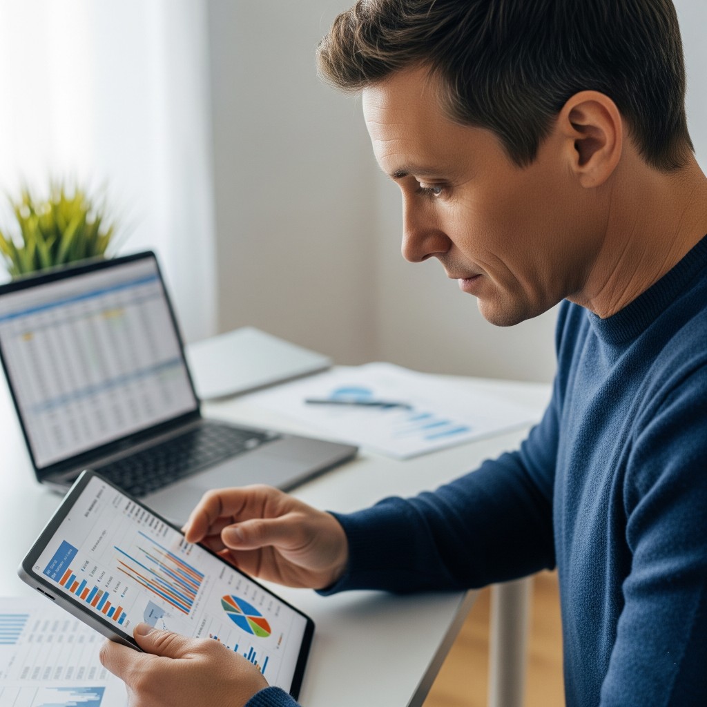 A middle-aged man in a blue sweater sits at a desk, intently looking at a tablet displaying financial data charts.