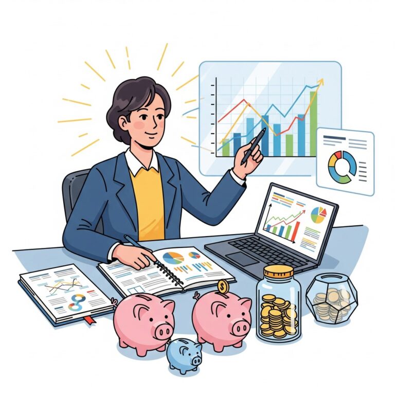 An illustration of a woman at a desk with piggy banks and financial charts, pointing confidently to a graph with an upward trend.