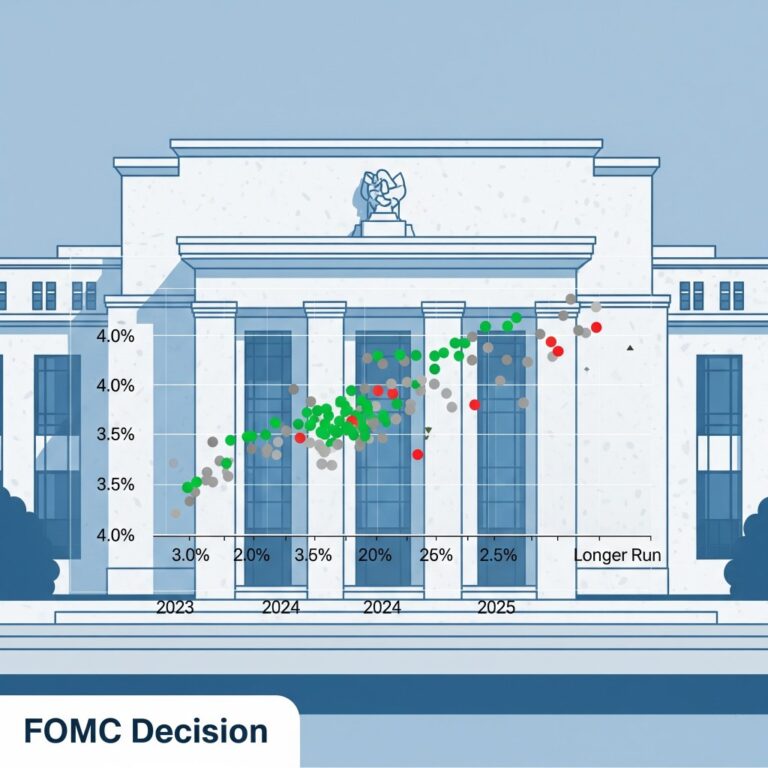 An illustration of the Federal Reserve building with an FOMC dot plot chart overlaid, showing members' interest rate projections for 2023, 2024, 2025, and the longer run.