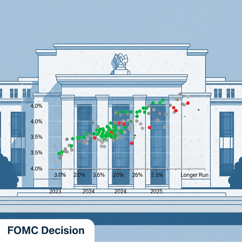 An illustration of the Federal Reserve building with an FOMC dot plot chart overlaid, showing members' interest rate projections for 2023, 2024, 2025, and the longer run.