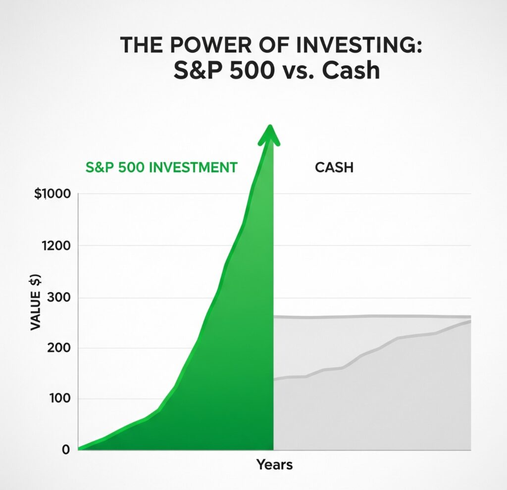 An infographic comparing the growth of $1,000 invested in the S&P 500 over time (represented by a steep green upward curve) versus $1,000 held in cash (represented by a flat gray bar). The graph visually demonstrates the significant long-term returns from investment compared to the stagnant value of cash.