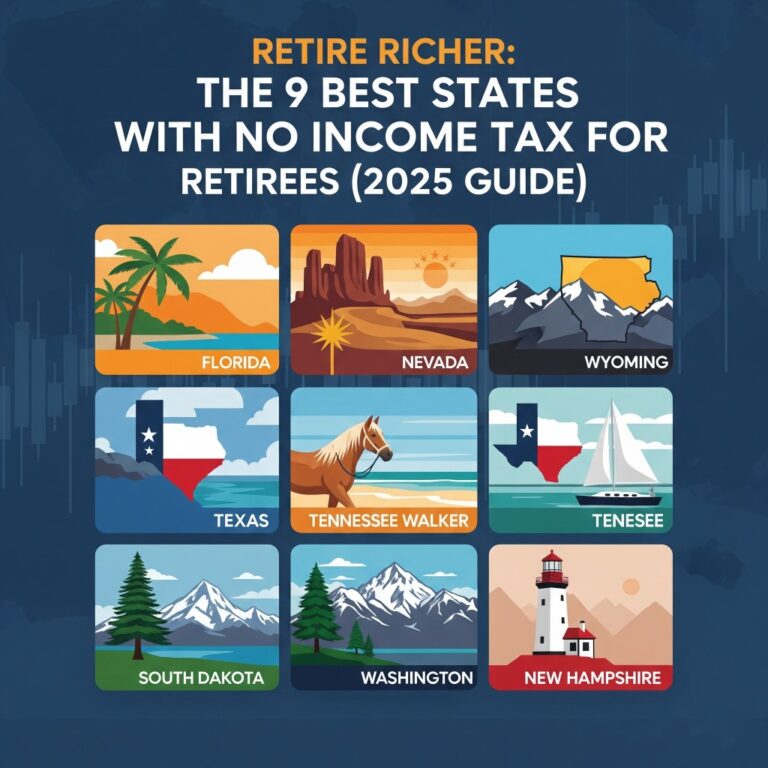 Card news image titled 'Retire Richer: The 9 Best States with No Income Tax for Retirees (2025 Guide)'. It displays a grid of icons representing characteristic scenes from 9 states including Florida, Nevada, and Texas.