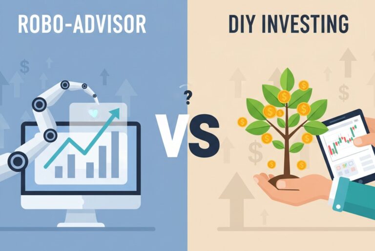 A split-screen graphic comparing "Robo-Advisor" on the left and "DIY Investing" on the right. The left side shows a robotic arm pointing to a rising financial chart on a computer screen. The right side shows human hands holding a small tree with gold coins for leaves, while another hand holds a smartphone with a stock chart. A large "VS" is in the center.