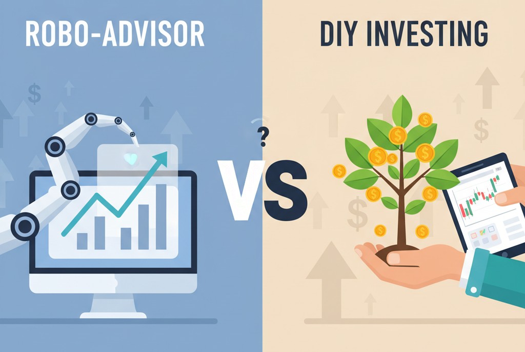 A split-screen graphic comparing "Robo-Advisor" on the left and "DIY Investing" on the right. The left side shows a robotic arm pointing to a rising financial chart on a computer screen. The right side shows human hands holding a small tree with gold coins for leaves, while another hand holds a smartphone with a stock chart. A large "VS" is in the center.