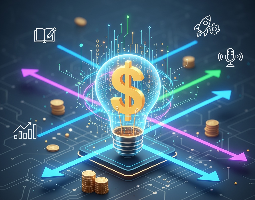 An illustration for software engineers' side hustles, featuring a glowing lightbulb with a dollar sign inside, surrounded by circuit board patterns, coins, and icons representing diverse opportunities like learning, writing, rockets, and microphones.