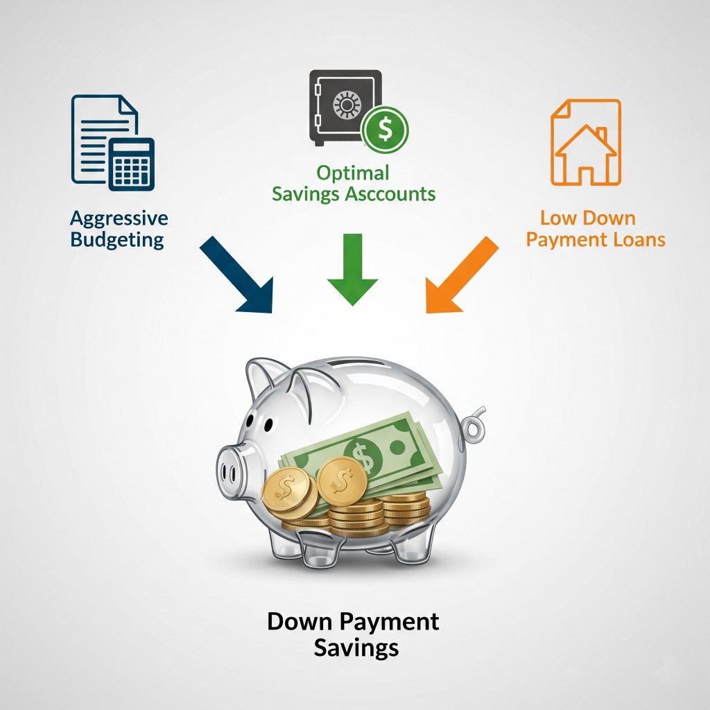 An infographic illustrating three key strategies for "Down Payment Savings." Icons representing "Aggressive Budgeting," "Optimal Savings Accounts," and "Low Down Payment Loans" have arrows pointing towards a transparent piggy bank filled with money.
