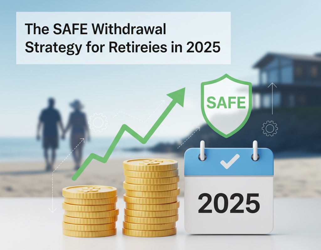 An illustration of a retirement withdrawal strategy for 2025, showing stacks of gold coins, an upward-trending arrow, a calendar, and a shield labeled 'SAFE,' with a retired couple on a beach in the background.