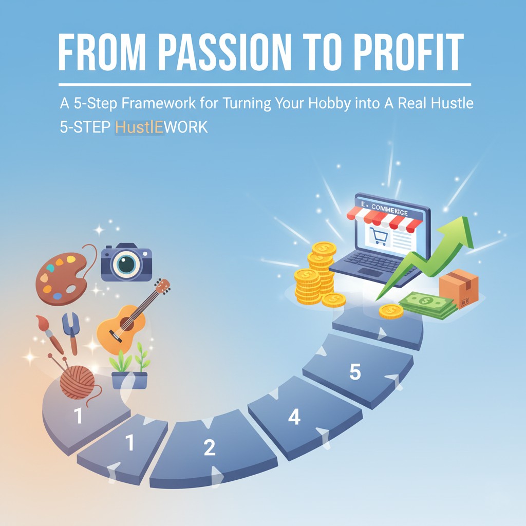 An illustration showing the journey from hobby to side hustle, with icons for creative ideas and hobbies on the left, leading via an arrow to business icons like a laptop, shopping cart, and money on the right.