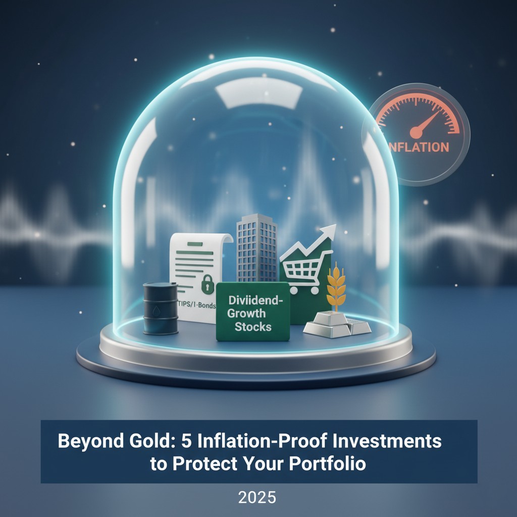 A shield emblem protecting diverse investment icons for real estate, commodities, consumer staples, and bonds, demonstrating a strategy to guard a portfolio against rising inflation, which is indicated by a gauge in the background.