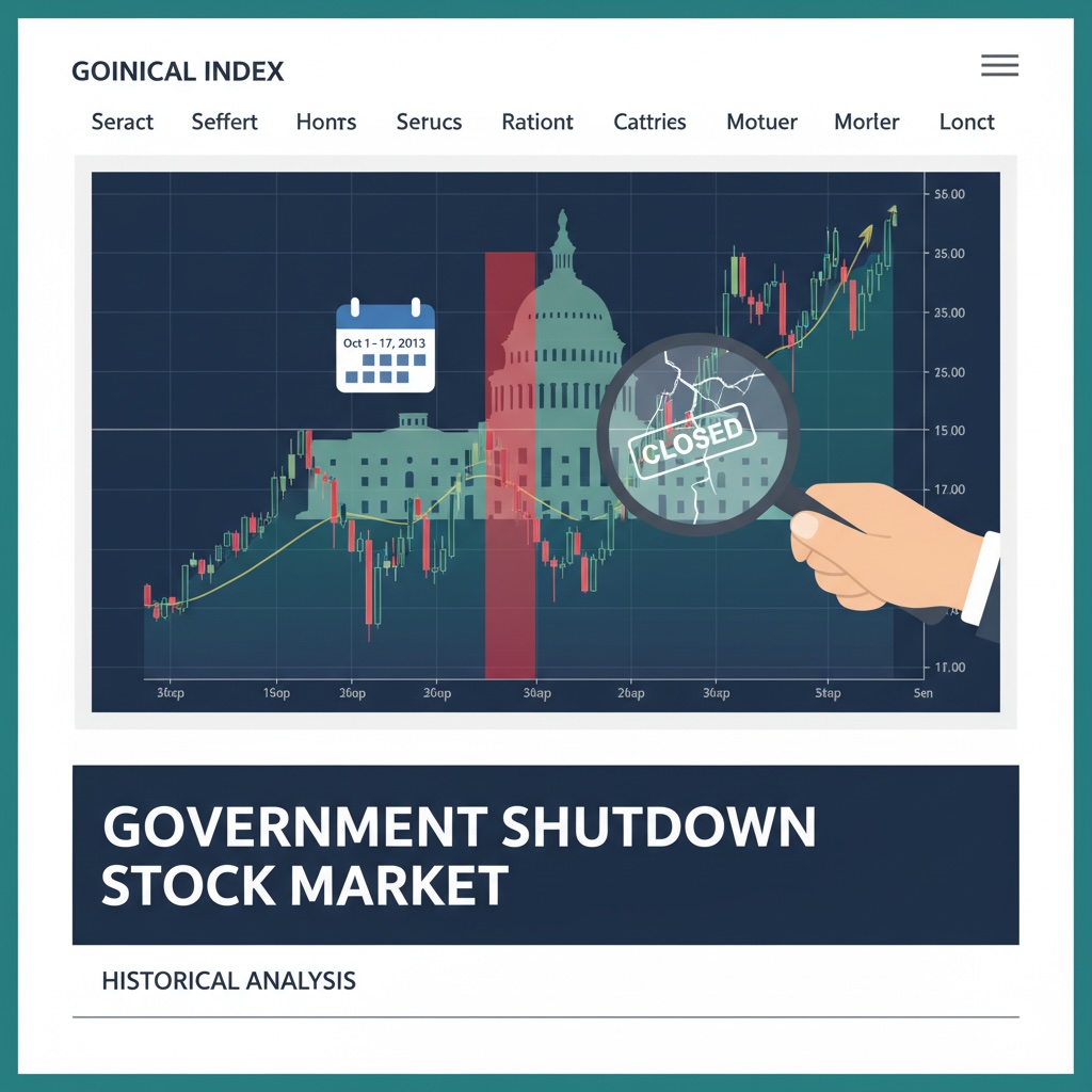 An illustrative chart analyzing the stock market's performance during the 2013 U.S. government shutdown, showing temporary volatility but eventual recovery. The image features a stock graph, a silhouette of the Capitol Building, a calendar, and a magnifying glass over a "CLOSED" sign.
