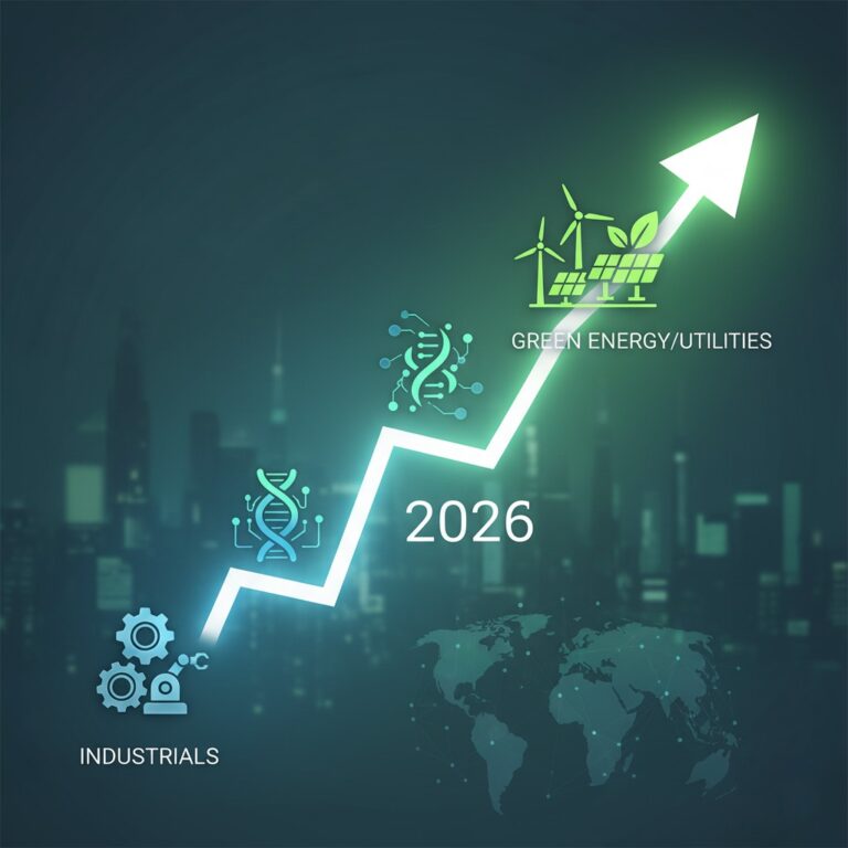 A digital art image depicting a glowing white upward-sloping arrow (growth trajectory) with "2026" integrated. Along this path, three distinct icons represent growth sectors: gears for Industrials, a DNA helix for Healthcare, and wind turbines/solar panels for Green Energy/Utilities. A blurred, futuristic cityscape and a faint world map are in the background.