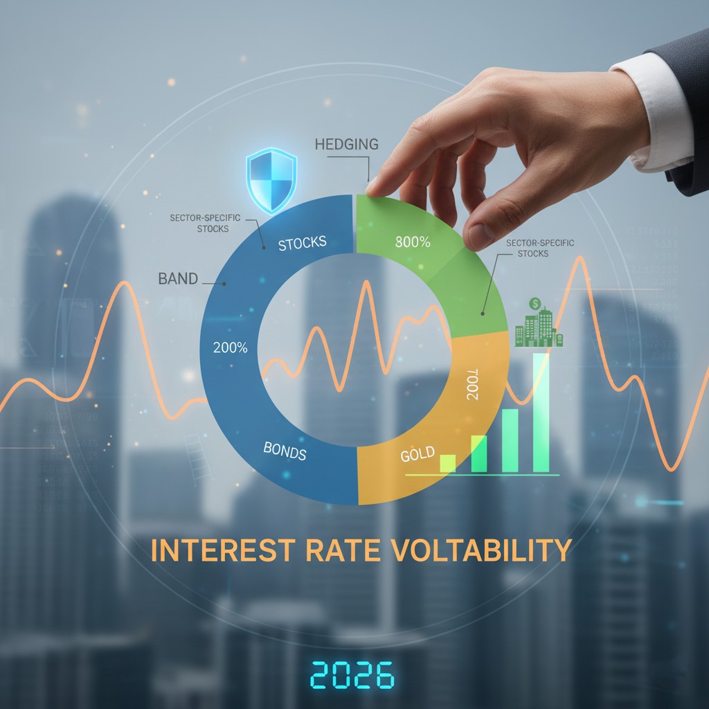 Digital art illustrating a hand adjusting a dynamic investment portfolio pie chart, with segments for stocks, bonds, and gold. An orange wavy line symbolizes interest rate volatility, and a shield icon represents hedging. Financial buildings, a bond ladder graphic, and the year '2026' are also visible in the background, set against a modern cityscape.