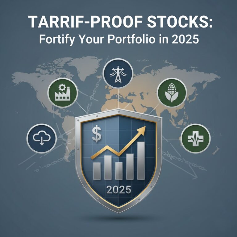 A digital art image featuring a prominent shield with an upward-trending stock chart and dollar sign, labeled "2025," in the foreground. Around it, five icons represent tariff-proof industries (manufacturing, utilities, agriculture, cloud services, healthcare). In the background, a faint world map with broken chain links symbolizes global trade tensions.