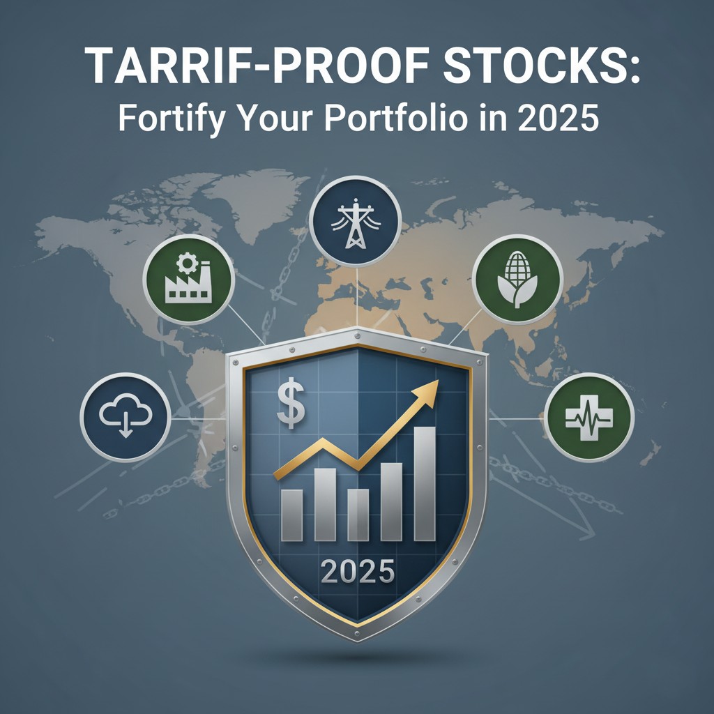 A digital art image featuring a prominent shield with an upward-trending stock chart and dollar sign, labeled "2025," in the foreground. Around it, five icons represent tariff-proof industries (manufacturing, utilities, agriculture, cloud services, healthcare). In the background, a faint world map with broken chain links symbolizes global trade tensions.