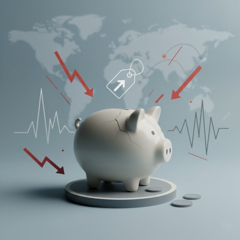 A slightly cracked white piggy bank sits centrally on a pedestal, surrounded by abstract red downward arrows, a white upward-trending price tag icon (inflation), and fluctuating grey lines (volatility). In the blurred background, a world map with faint directional lines suggests global trade tensions.