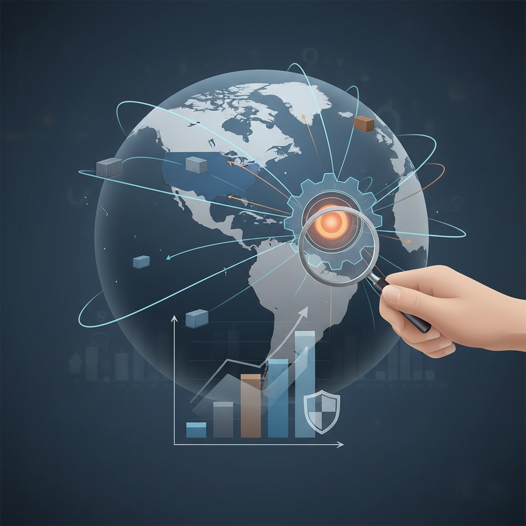 An infographic symbolizing the impact of US trade policy on investments, showing a US flag with trade arrows pointing towards and affecting financial charts that represent a portfolio.
