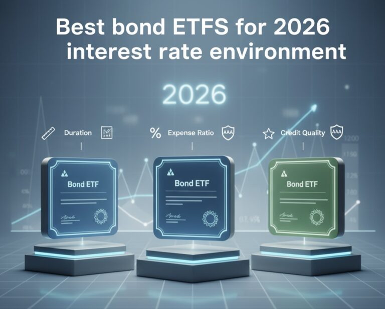 Digital art illustrating "Best bond ETFs for 2026 interest rate environment" with three stylized bond ETF certificates on illuminated pedestals. Above each, icons for Duration, Expense Ratio, and Credit Quality are displayed, set against a background of faint financial graphs and the year '2026'.