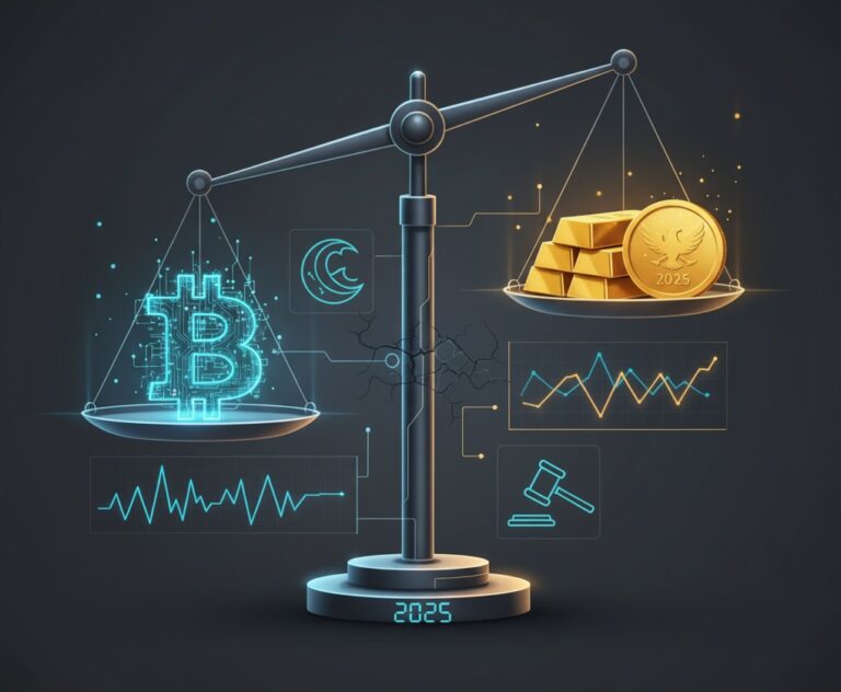 A digital art image depicting a weighing scale with a glowing, futuristic Bitcoin symbol on the left pan and polished gold bars and a coin (marked "2025") on the right. Below, abstract graphs represent volatility, with a subtle cracked earth symbol and a gavel icon signifying economic and regulatory factors. The year "2025" is displayed digitally at the base.