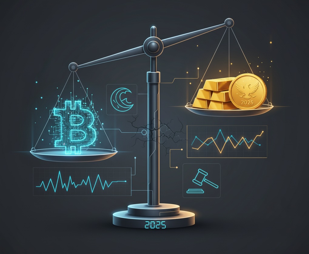 A digital art image depicting a weighing scale with a glowing, futuristic Bitcoin symbol on the left pan and polished gold bars and a coin (marked "2025") on the right. Below, abstract graphs represent volatility, with a subtle cracked earth symbol and a gavel icon signifying economic and regulatory factors. The year "2025" is displayed digitally at the base.