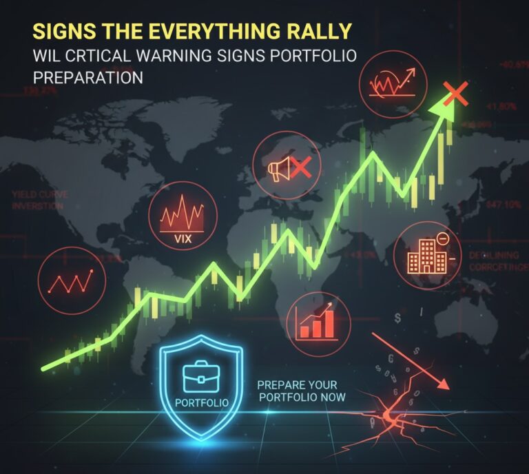 Digital art titled "SIGNS THE EVERYTHING RALLY WILL END: 5 CRITICAL WARNING SIGNS PORTFOLIO PREPARATION." A vibrant green market rally graph peaks and begins to decline, with a red 'X' at its high. Five red-outlined icons representing warning signs (Yield Curve Inversion, Rising VIX, Central Bank Rhetoric, Declining Corporate Earnings, Market Downturn) surround it. A glowing blue shield with "PORTFOLIO" text and "PREPARE YOUR PORTFOLIO NOW" reinforces readiness. The year "2025" is in the corner.