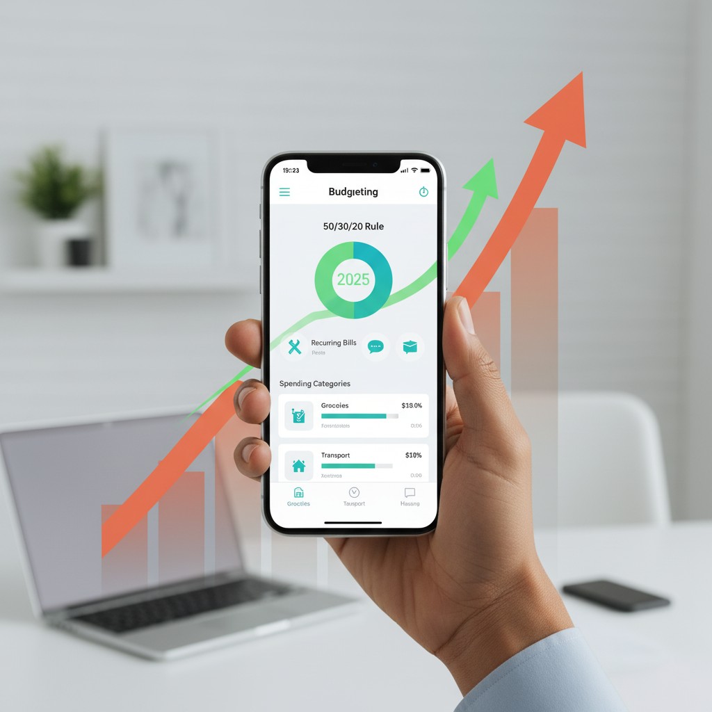 Digital art depicting a confident hand holding a smartphone displaying a modern budgeting app. The app shows a "50/30/20 Rule" chart with "2025" and sections for "Recurring Bills" and "Spending Categories." Behind the phone, an intimidating orange inflation bar graph is being overcome by a smaller, green upward arrow, symbolizing control over high cost of living.