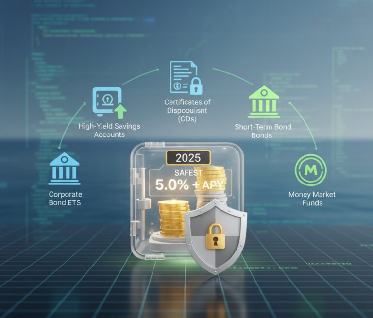 Digital art titled "BEST FIXED-INCOME INVESTMENTS FOR RETIREES IN 2025: SAFEST HIGH-YIELD OPTIONS." A transparent vault with gold and silver coins is central, displaying "2025," "SAFEST," and "5.0%+ APY." A golden shield with a lock protects it. Five icons orbit, representing High-Yield Savings Accounts, Certificates of Deposit (CDs), Short-Term Bond Bonds, Corporate Bond ETFs, and Money Market Funds.