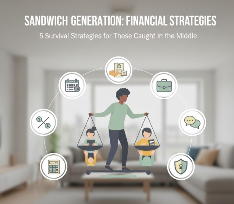 Digital art titled "SANDWICH GENERATION: FINANCIAL STRATEGIES: 5 Survival Strategies for Those Caught in the Middle." A central figure balances two scales, with abstract figures of children on one side and elderly parents on the other. Five circular icons representing financial strategies (calendar, medical, briefcase, speech bubbles, calculator, shield) orbit around the central balancing act.