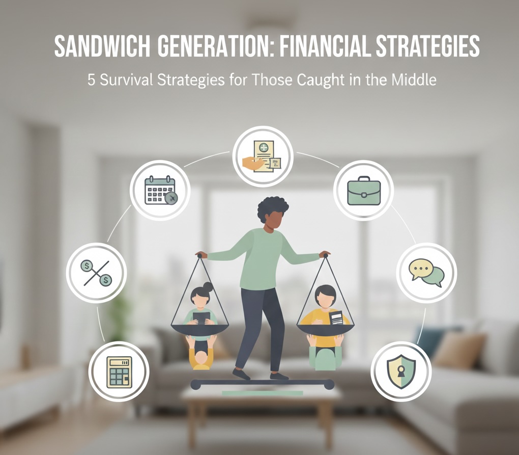 Digital art titled "SANDWICH GENERATION: FINANCIAL STRATEGIES: 5 Survival Strategies for Those Caught in the Middle." A central figure balances two scales, with abstract figures of children on one side and elderly parents on the other. Five circular icons representing financial strategies (calendar, medical, briefcase, speech bubbles, calculator, shield) orbit around the central balancing act.