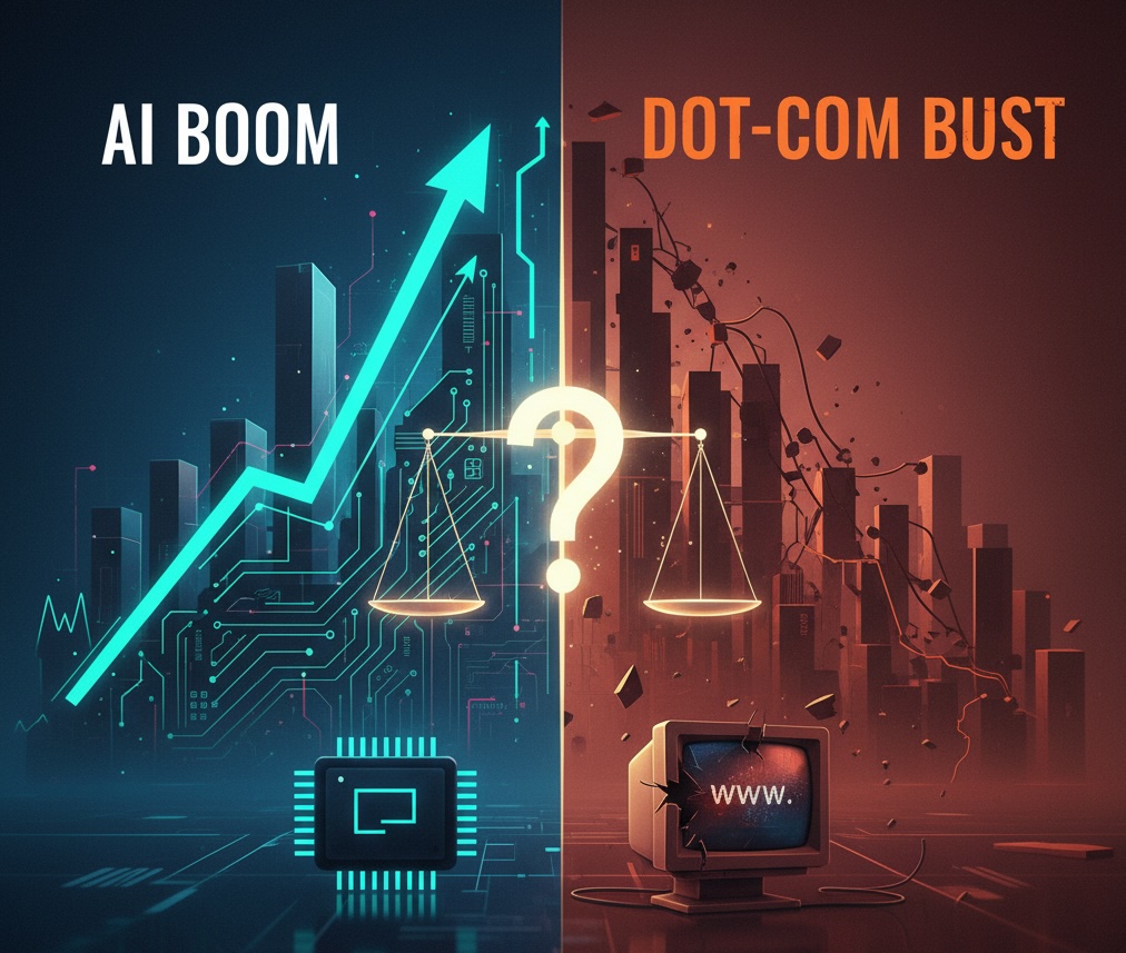 A split image visually comparing the "AI Boom" with the "Dot-Com Bust," showing a rising graph and tech circuits on one side and a broken monitor with a declining cityscape on the other, with a question mark and scales in the center.