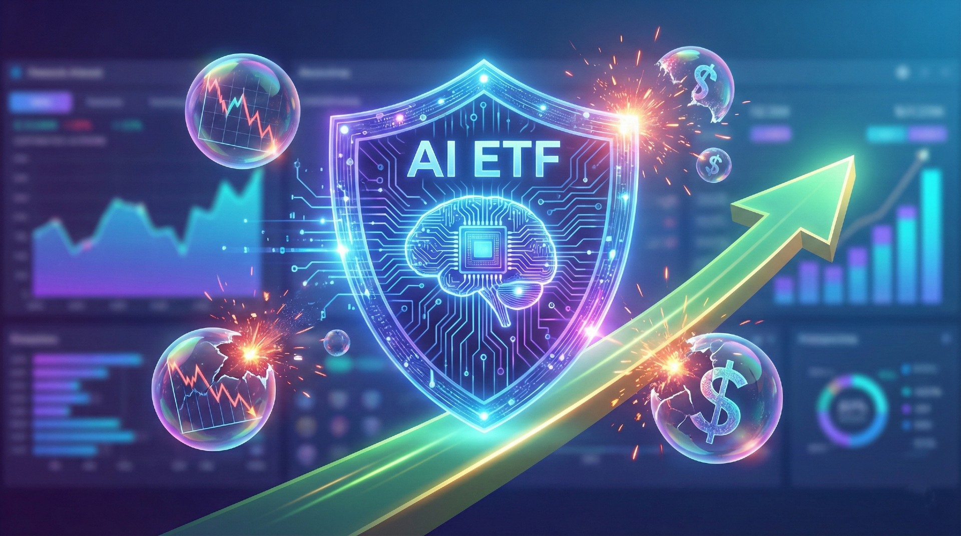 A glowing blue shield with "AI ETF" text and a brain chip icon is moving up a green arrow, deflecting and bursting bubbles containing falling stock charts and broken dollar signs, set against a futuristic financial data dashboard.