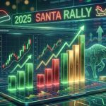 A neon sign reading "2025 SANTA RALLY" glows above a futuristic financial dashboard displaying three rising stock charts in green, red, and gold. A digital bull statue and stacks of coins sit on a circuit board surface against a background of blurred Christmas lights and data streams.