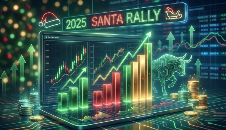 A neon sign reading "2025 SANTA RALLY" glows above a futuristic financial dashboard displaying three rising stock charts in green, red, and gold. A digital bull statue and stacks of coins sit on a circuit board surface against a background of blurred Christmas lights and data streams.