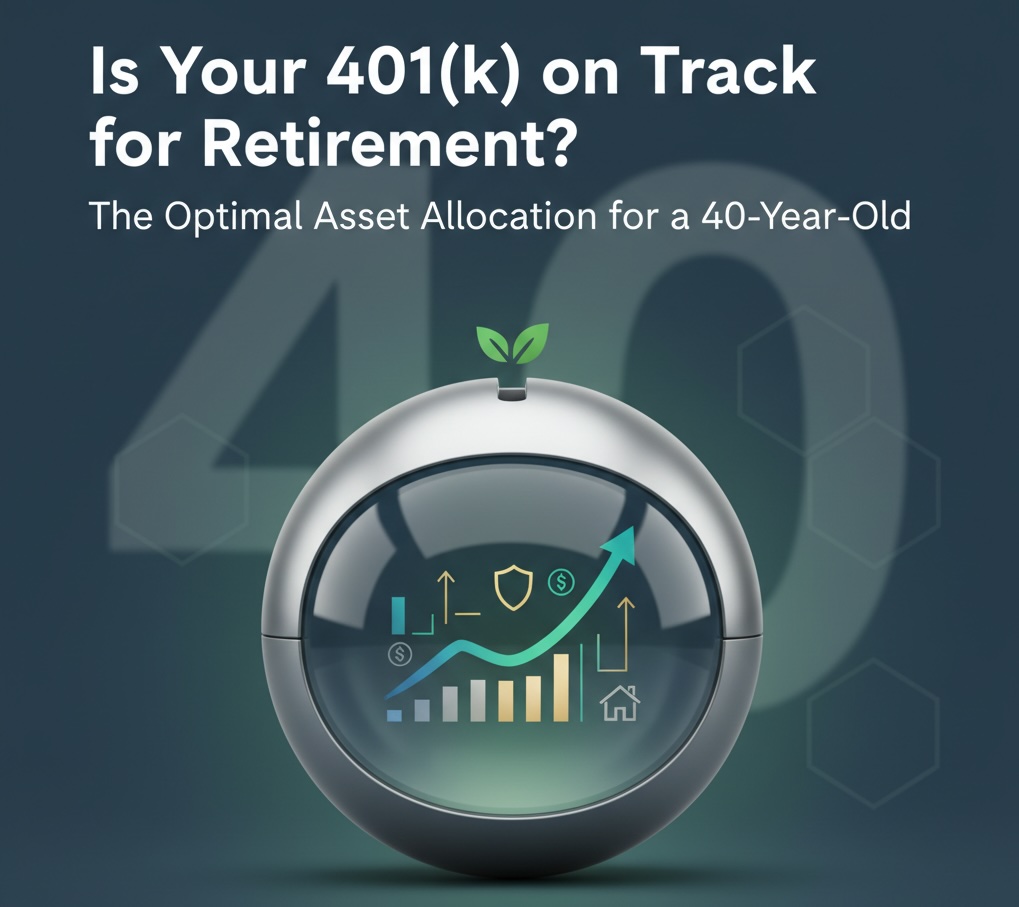 A visual representation of 401(k) asset allocation for a 40-year-old, featuring a spherical icon displaying growth charts and financial symbols.
