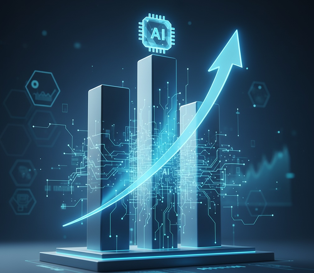 An illustration of three stable, dark gray pillars symbolizing blue-chip stocks, with an AI chip on top of the tallest, integrated with glowing blue circuit lines and a prominent upward arrow, all set against a dark, futuristic background.