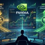 An investor analyzes data on multiple screens with a central NVIDIA logo, flanked by visual paths for "SELL" (partly taking profits) and "HOLD/TRIM", illustrating a data-driven decision framework for NVIDIA stock.