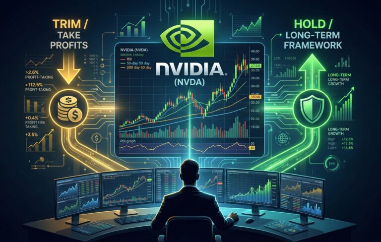 An investor analyzes data on multiple screens with a central NVIDIA logo, flanked by visual paths for "SELL" (partly taking profits) and "HOLD/TRIM", illustrating a data-driven decision framework for NVIDIA stock.