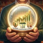 An illustration of an older man in a sweater holding a glowing snow globe marked "2025" in a decorated living room with a Christmas tree and fireplace. Inside the globe, an upward-trending bar graph is flanked by icons for "Dividends" (a shield with a dollar sign), "Covered Calls" (an umbrella over a chart), and "Bonds" (a scroll with a seal).