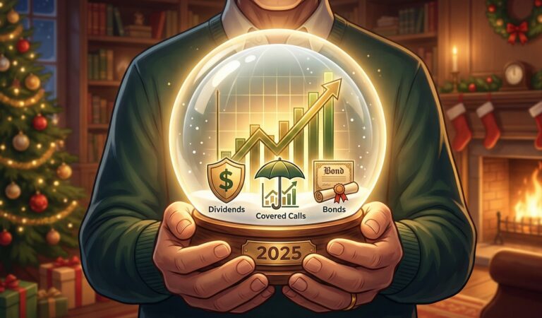 An illustration of an older man in a sweater holding a glowing snow globe marked "2025" in a decorated living room with a Christmas tree and fireplace. Inside the globe, an upward-trending bar graph is flanked by icons for "Dividends" (a shield with a dollar sign), "Covered Calls" (an umbrella over a chart), and "Bonds" (a scroll with a seal).