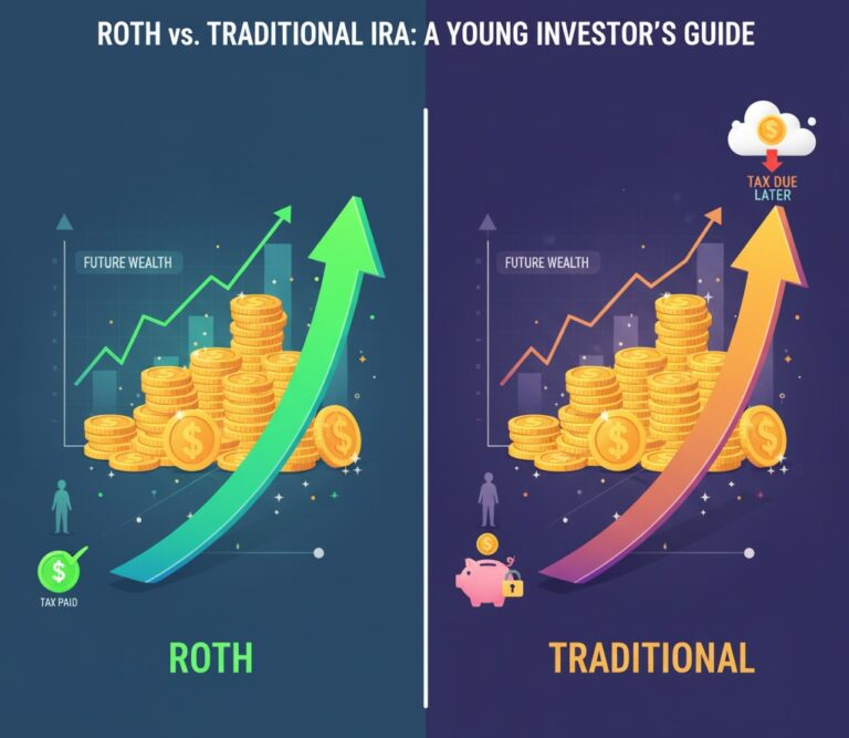 A split digital art image comparing "Roth" and "Traditional" IRA options. Roth shows pre-paid taxes, growing wealth with green arrows. Traditional shows deferred taxes, growing wealth with orange arrows, and a piggy bank.