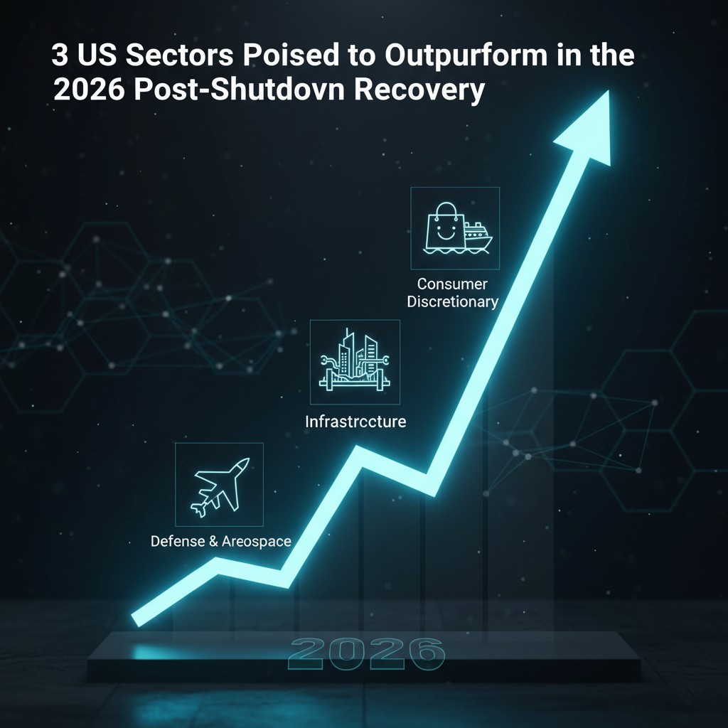 An illustration showing a bright upward arrow on a dark pedestal marked "2026," with three interconnected industry icons (Defense & Aerospace, Infrastructure, Consumer Discretionary) positioned along its rising path, symbolizing post-shutdown economic recovery and growth.