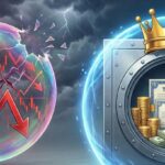 A split image contrasting a bursting market bubble filled with red downward charts and arrows against a secure, crowned bank vault protected by a blue energy shield containing gold, cash, T-Bills, and CDs. The title reads, "Capital Preservation is King: Safest Investments During a Market Bubble."