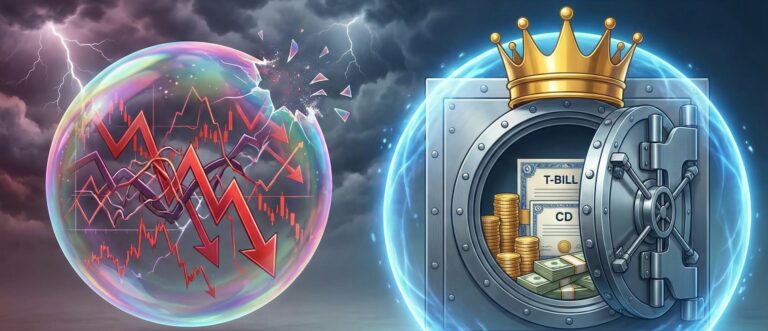 A split image contrasting a bursting market bubble filled with red downward charts and arrows against a secure, crowned bank vault protected by a blue energy shield containing gold, cash, T-Bills, and CDs. The title reads, "Capital Preservation is King: Safest Investments During a Market Bubble."