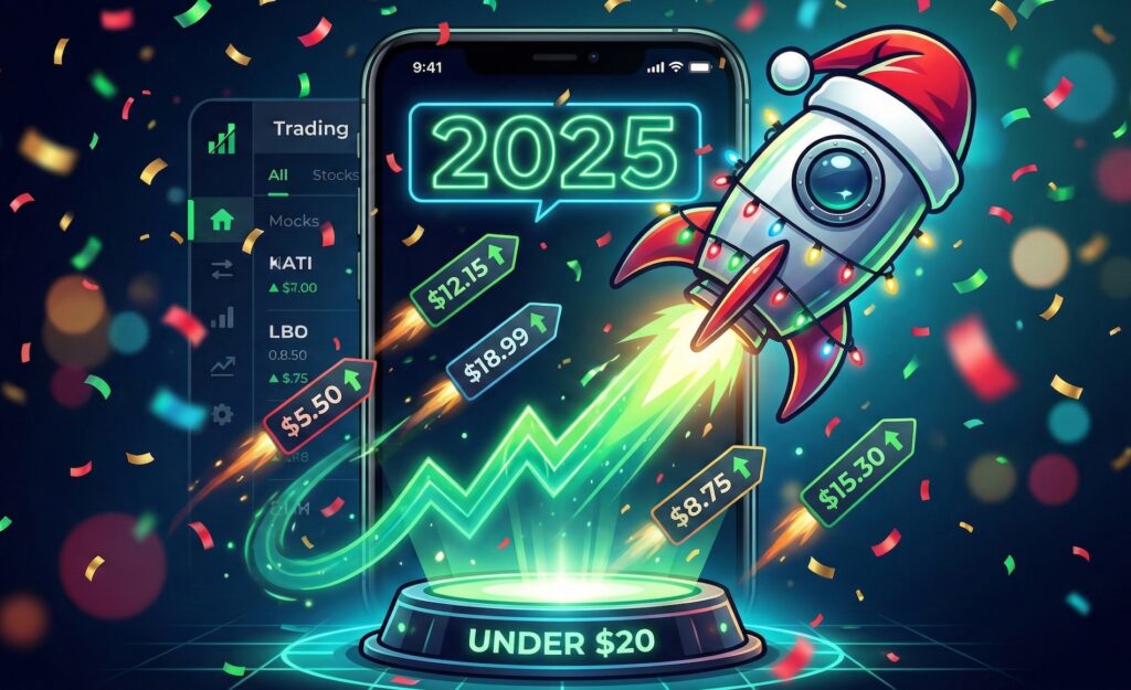 A smartphone with a trading app interface displaying "2025" and a rocket wearing a Santa hat launching from a platform labeled "UNDER $20." The rocket propels upward stock price tags ($5.50, $12.15, $18.99, $15.30, $8.75) with green upward arrows. Confetti and holiday lights fill the dark, energetic background.