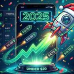 A smartphone with a trading app interface displaying "2025" and a rocket wearing a Santa hat launching from a platform labeled "UNDER $20." The rocket propels upward stock price tags ($5.50, $12.15, $18.99, $15.30, $8.75) with green upward arrows. Confetti and holiday lights fill the dark, energetic background.