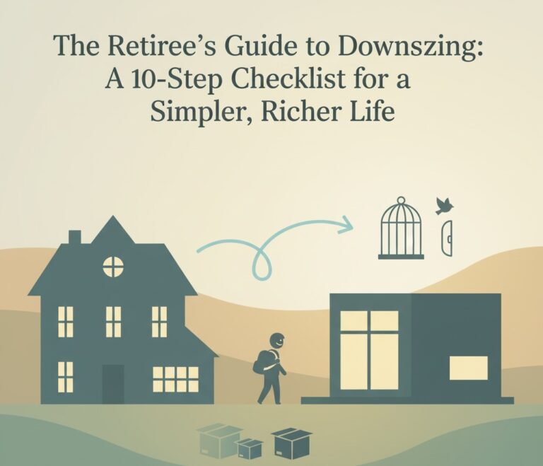 An illustration depicting the process of downsizing for retirement, showing a person moving from a larger traditional house to a smaller, modern home, with symbols of decluttering and freedom.